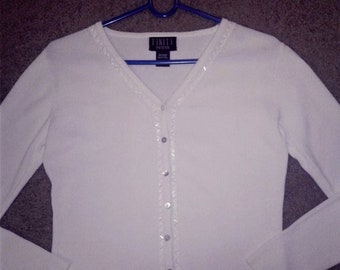 Finity Petite Long Sleeve White Beaded Cardigan Size: PS
