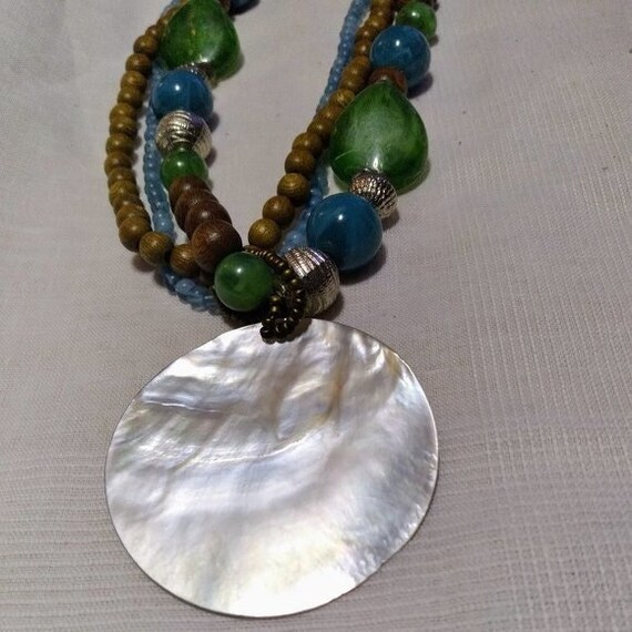 Multi Strand Blue Bead Abalone Shell Necklace 17"… - image 1