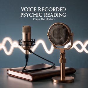 Op de afbeelding: Een bronskleurige condensatormicrofoon met een zwarte shockmount en een ronde bronzen microfoon op een standaard. Een bruin, in leer gebonden boek ligt onder de microfoons. De tekst luidt VOICE RECORDED PSYCHIC READING Chaya The Medium.