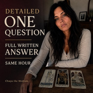 May include: A person with dark hair wearing a beige long-sleeve shirt sits at a wooden table with three tarot cards laid out. The cards are labeled Ace of Cups, The Devil, and Temperance. Text reads Detailed One Question, Full Written Answer, Same Hour.