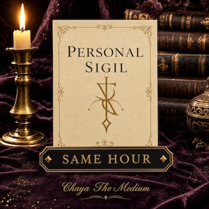 May include: A rectangular card with a cream background featuring the text Personal Sigil and a central gold symbol. Below, a black plaque displays the text Same Hour. The card is positioned upright, accompanied by a brass candle holder and books.