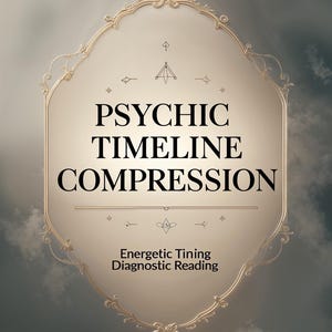 May include: An ornate, gold-colored frame with the words "PSYCHIC TIMELINE COMPRESSION" in bold black text. Below, smaller text reads "Energetic Tining Diagnostic Reading." The background is a cloudy, sepia-toned sky.