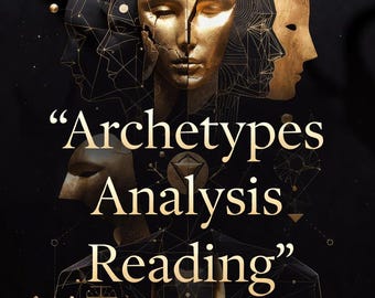 May include: A black graphic poster featuring multiple gold-colored human face masks with cracked textures and geometric line patterns. The text "Archetypes Analysis Reading" is centered in a gold font against the dark background with floating spheres.