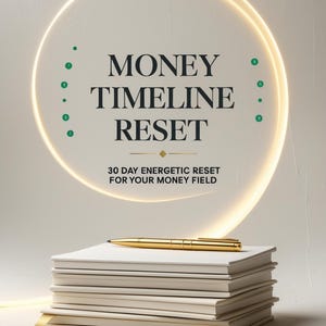 Puede incluir: Una pila de cuadernos blancos con un bolígrafo dorado encima. El texto "MONEY TIMELINE RESET" se muestra encima del texto "30 DAY ENERGETIC RESET FOR YOUR MONEY FIELD". El nombre del autor, "BY CHAYA THE MEDIUM", está en la parte inferior.