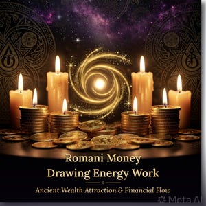 Puede incluir: Un gráfico digital con seis velas encendidas y pilas de monedas de oro sobre una superficie oscura. Una espiral dorada brillante se sitúa en el centro. El texto dice: Romani Money Drawing Energy Work, Ancient Wealth Attraction & Financial Flow.