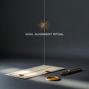 Pode incluir: Um ornamento dourado em forma de estrela pende sobre um cartão retangular com borda decorativa, um selo de cera vermelho, um selo de cera dourado e uma caneta dourada. O texto GOAL ALIGNMENT RITUAL está impresso em branco entre a estrela e o cartão.