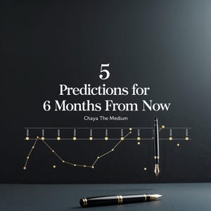 Puede incluir: Un fondo negro presenta el texto blanco 5 Predictions for 6 Months From Now Chaya The Medium. Un gráfico de líneas dorado con puntos de datos circulares se muestra horizontalmente. Una pluma estilográfica negra con adornos dorados es vertical.