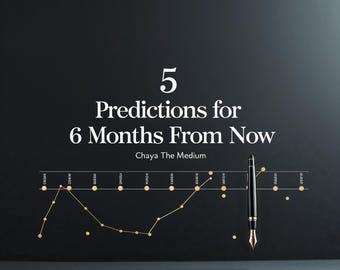 Könnte beinhalten: Ein schwarzer Hintergrund zeigt den weißen Text 5 Predictions for 6 Months From Now Chaya The Medium. Ein goldenes Liniendiagramm mit kreisförmigen Datenpunkten ist horizontal dargestellt. Ein schwarzer Füllfederhalter mit Goldbesatz steht vertikal.