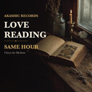 May include: An open book with a tarot card featuring a wheel illustration resting on its pages. Text reads: AKASHIC RECORDS LOVE READING SAME HOUR Chaya the Medium. A lit candle in a brass holder and a glass bottle are positioned nearby on a wooden surface.