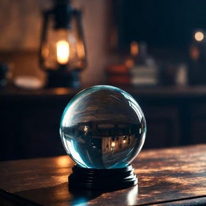 May include: A clear, spherical glass orb resting on a circular black base. The smooth, transparent surface of the sphere reflects the surrounding environment, showing distorted light sources and architectural lines within its curved, polished glass body.
