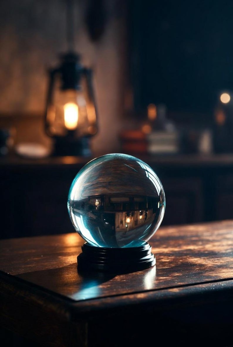 May include: A clear, spherical glass orb resting on a circular black base. The smooth, transparent surface of the sphere reflects the surrounding environment, showing distorted light sources and architectural lines within its curved, polished glass body.