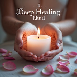 Puede incluir: Una vela cilíndrica blanca con una llama encendida, colocada en el centro. Sobre la vela, el texto dice Deep Healing Ritual. Alrededor de la base hay numerosos pétalos de flores rosas y blancos dispersos, creando una imagen suave y luminosa.
