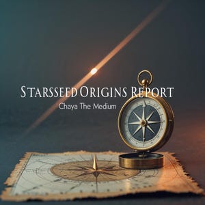 May include: A brass compass sits atop a vintage-style map with a star-shaped design. The text "STARSSEED ORIGINS REPORT" and "Chaya The Medium" appear in white lettering. A diagonal beam of light crosses the dark background above the compass.