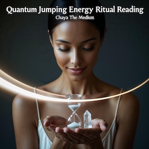 Op de afbeelding: Een heldere glazen zandloper gevuld met wit zand en een transparante kristallen punt worden in de handpalmen gehouden. De tekst Quantum Jumping Energy Ritual Reading en Chaya The Medium staat erboven. Een gloeiende lichtboog buigt.