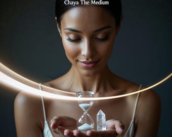 Pode incluir: Uma ampulheta de vidro transparente com areia branca e uma ponta de cristal são seguradas nas palmas das mãos. O texto Quantum Jumping Energy Ritual Reading e Chaya The Medium aparece acima. Um arco de luz brilhante curva-se no fundo.