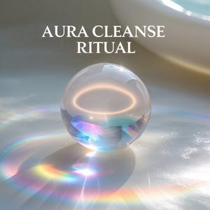 May include: A clear, spherical crystal ball reflecting light with iridescent rainbow hues. The text AURA CLEANSE RITUAL is printed in white above the sphere. The object casts a bright, colorful light refraction pattern onto the surface below it.
