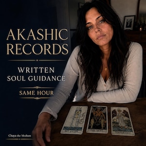 Può includere: Una persona con una camicia beige a maniche lunghe siede dietro tre carte dei tarocchi etichettate Ace of Cups, The Devil e Temperance. Il testo recita Akashic Records, Written Soul Guidance, Same Hour e Chaya the Medium su sfondo scuro.