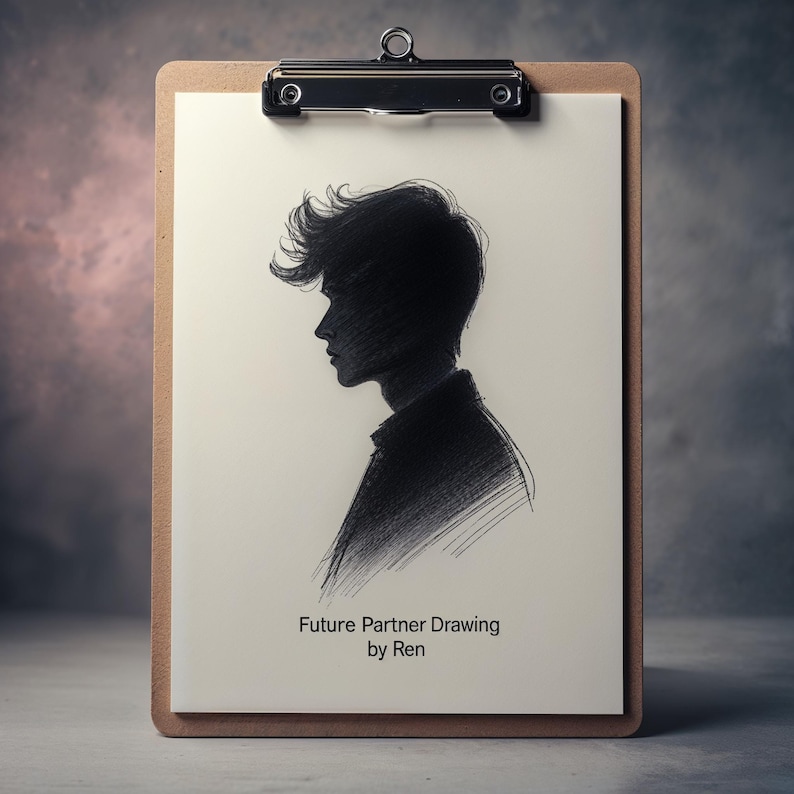 May include: A brown clipboard holding a white sheet of paper with a black ink sketch of a person in profile. The sketch features a person with textured hair and a collared shirt. The text "Future Partner Drawing by Ren" is printed at the bottom.