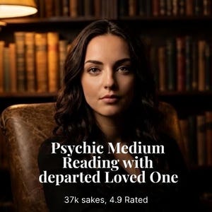 May include: A woman in a black top sits in a leather chair in front of a bookshelf. Text on the image reads "Psychic Medium Reading with departed Loved One". The background is a library setting.