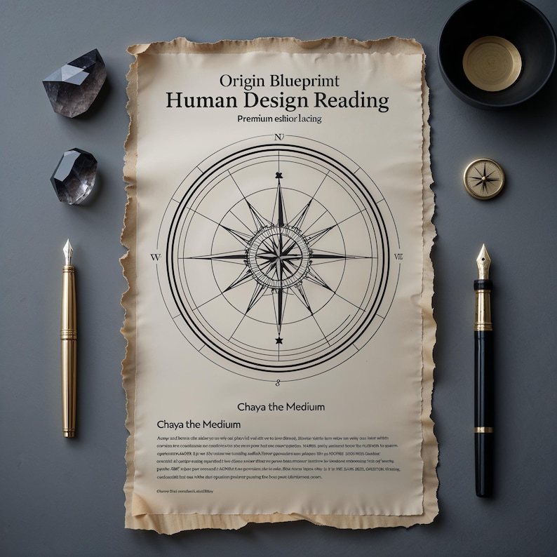 May include: A cream-colored parchment paper with deckled edges featuring a black compass rose illustration and the text Origin Blueprint Human Design Reading. It is surrounded by two fountain pens, two dark crystals, a small gold compass, and a bowl.