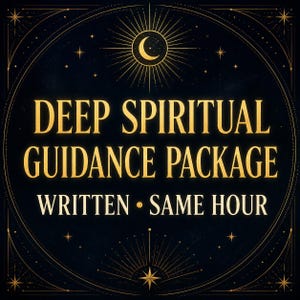 May include: A dark circular graphic with gold text reading DEEP SPIRITUAL GUIDANCE PACKAGE and WRITTEN • SAME HOUR. The design features a central crescent moon, radiating sunburst lines, and star accents within a decorative border on a black background.