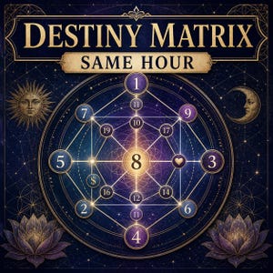 May include: A dark blue graphic featuring the text DESTINY MATRIX SAME HOUR. A central geometric pattern contains numbers 1 through 19, a dollar sign, and a heart icon. The design includes a sun, a moon, and two purple lotus flowers.