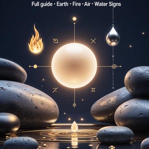 May include: An artistic digital illustration for astrology. The image features the text "2026 ASTROLOGY MEGA BUNDLE" with the words "Full guide • Earth • Fire • Air • Water Signs" below. The image has a dark blue background with glowing orbs, water droplets, and stones.