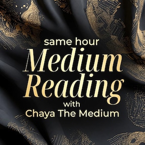 May include: A black fabric background with a gold leaf pattern featuring the text same hour Medium Reading with Chaya The Medium in a gold serif font. The fabric has visible folds and creases throughout the surface of the material.