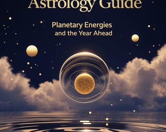 May include: A digital illustration of the 2026 Astrology Guide cover. The title is in gold, with the words "Planetary Energies and the Year Ahead" below. A sphere with a golden core floats above water, with a starry night sky background.