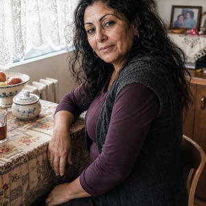 Puede incluir: Una persona con cabello largo, oscuro y ondulado viste una camiseta de manga larga de color morado oscuro bajo un chaleco de punto gris oscuro. La persona está sentada a una mesa con un mantel de flores, un azucarero y un cuenco con fruta.