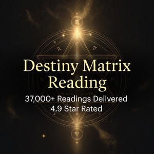 May include: A gold-toned graphic with the text "Destiny Matrix Reading" in a stylized font. The image includes geometric shapes and the text "37,000+ Readings Delivered" and "4.9 Star Rated" on a dark background.