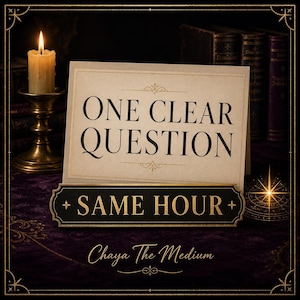 Op de afbeelding: Een crèmekleurige kaart met de zwarte tekst ONE CLEAR QUESTION staat achter een zwart rechthoekig bord met gouden tekst SAME HOUR en de cursieve tekst Chaya The Medium. Een brandende kaars in een koperen houder staat aan de linkerkant.