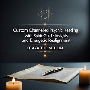 May include: A black fountain pen rests on a piece of parchment paper between two lit candles. Above, text reads: Custom Channelled Psychic Reading with Spirit Guide Insights and Energetic Realignment, CHAYA THE MEDIUM, with a gold geometric icon.