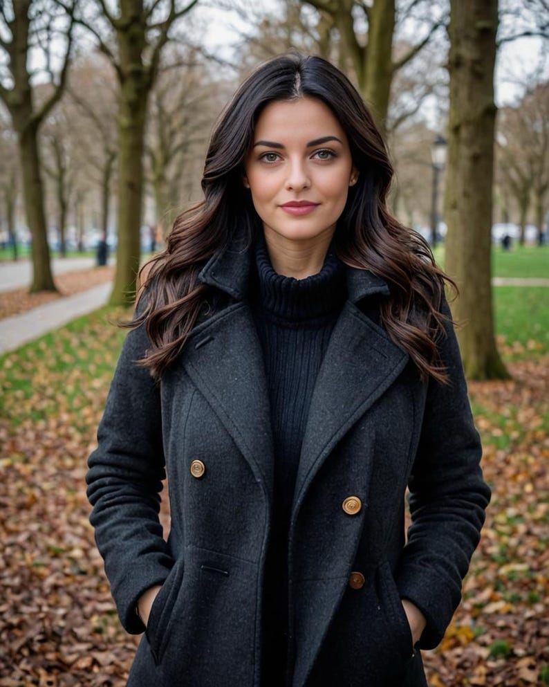 May include: A dark charcoal gray double-breasted wool coat with large lapels and gold-toned buttons, worn over a black ribbed turtleneck sweater. The coat features a structured collar and long sleeves, providing a layered look for cooler weather.