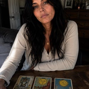 Könnte beinhalten: Drei Tarotkarten auf einer Holzoberfläche, die den Wagen, die Sonne und den Mond darstellen. Die Wagen-Karte zeigt eine Figur in einem Wagen, die Sonnen-Karte ein Kind auf einem Pferd und die Mond-Karte einen Halbmond über Tieren.