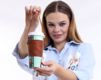 Handmade Leather Coffee Cup Holder, Reusable Takeaway Sleeve, Gift for Coffee Lovers