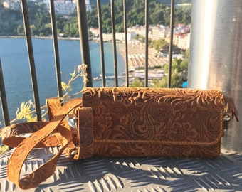 Leather Shoulder Bag for Women, Carved Crossbody Purse, Floral Clutch Wallet, Iphone 14 Promax Bag, Handmade Genuine Flower Leather Wallet