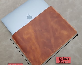 Hand Stitched Leather MacBook Sleeve, Slim Laptop Cover, 13 inch
