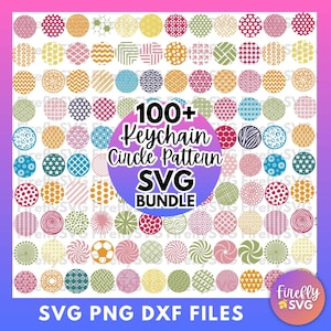 May include: A collection of 100+ colorful circle patterns for keychains. The patterns are in SVG, PNG, and DXF formats. The text "100+ Keychain Circle Pattern SVG Bundle" is in a purple and blue circle. The text "SVG PNG DXF Files" is at the bottom of the image.