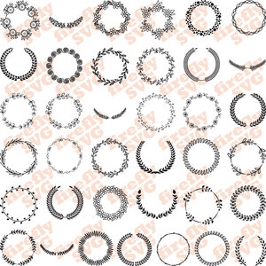 May include: A set of 30 black and white wreath and floral frame illustrations. The frames are circular and feature various designs, including leaves, flowers, and swirls.