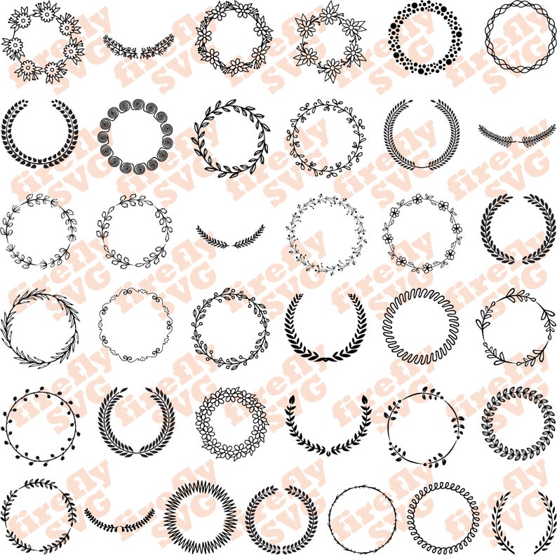 May include: A set of 30 black and white wreath and floral frame illustrations. The frames are circular and feature various designs, including leaves, flowers, and swirls.
