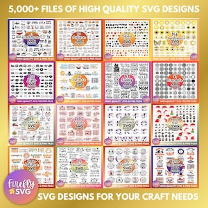 May include: A collage of 10 different images showcasing various SVG design bundles. Each image features a different theme, such as Halloween, Autumn, Summer, Christmas, and more. The images are filled with black and white SVG designs, including text, shapes, and illustrations. The text on the images indicates the number of designs in each bundle, such as "61 Halloween SVG Bundle" and "110 Autumn SVG Bundle".