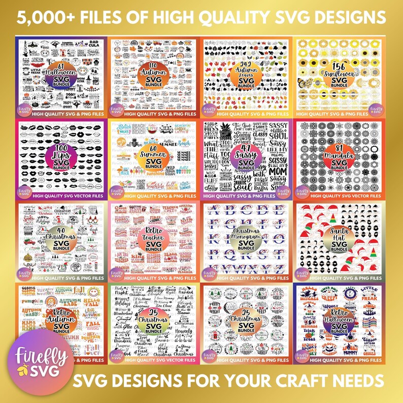 May include: A collage of 10 different images showcasing various SVG design bundles. Each image features a different theme, such as Halloween, Autumn, Summer, Christmas, and more. The images are filled with black and white SVG designs, including text, shapes, and illustrations. The text on the images indicates the number of designs in each bundle, such as "61 Halloween SVG Bundle" and "110 Autumn SVG Bundle".