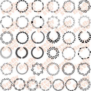 May include: A set of 40 black and white wreath and laurel designs. The wreaths are made of various floral and leaf patterns. These wreaths are perfect for adding a touch of elegance to any project.
