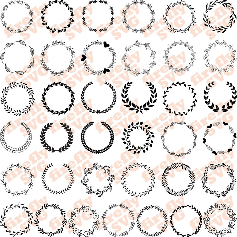 May include: A set of 40 black and white wreath and laurel designs. The wreaths are made of various floral and leaf patterns. These wreaths are perfect for adding a touch of elegance to any project.