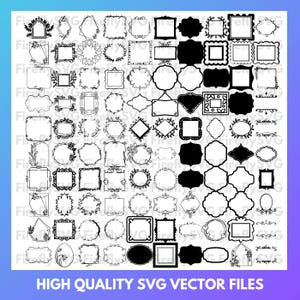 Op de afbeelding: Een set van 100 zwart-witte SVG-vectorbestanden met verschillende frame-ontwerpen. De frames zijn in verschillende vormen en maten, waaronder cirkels, vierkanten, rechthoeken en ovalen. Sommige frames hebben bloem- of geometrische ontwerpen.