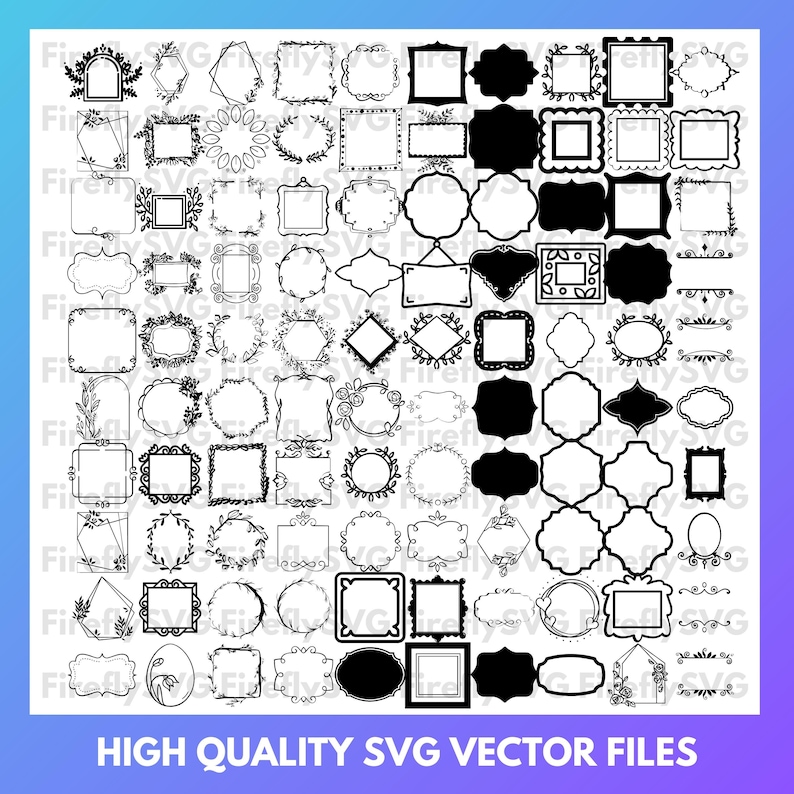 Op de afbeelding: Een set van 100 zwart-witte SVG-vectorbestanden met verschillende frame-ontwerpen. De frames zijn in verschillende vormen en maten, waaronder cirkels, vierkanten, rechthoeken en ovalen. Sommige frames hebben bloem- of geometrische ontwerpen.