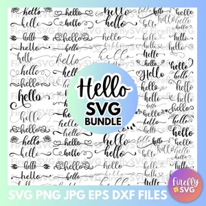 May include: A digital download of 40 different "Hello" SVG designs in black and white. The designs are in various fonts and styles, including cursive, script, and block lettering. The text "Hello SVG Bundle" is in the centre of the image.
