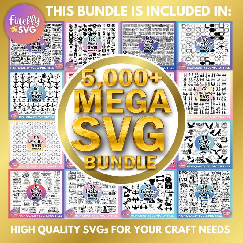 Op de afbeelding: Een collage van afbeeldingen die een groot pakket met meer dan 5.000 SVG-bestanden voor knutselen laten zien. De afbeeldingen tonen verschillende categorie&euml;n SVG-ontwerpen, waaronder ankers, kransen, frames, oorbellen en nog veel meer. De tekst "HIGH QUALITY SVGS FOR YOUR CRAFT NEEDS" wordt onderaan weergegeven.