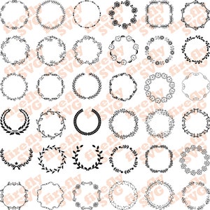 May include: A set of 40 black and white circular frames with various floral and leaf designs. The frames are perfect for adding a touch of elegance to any project.